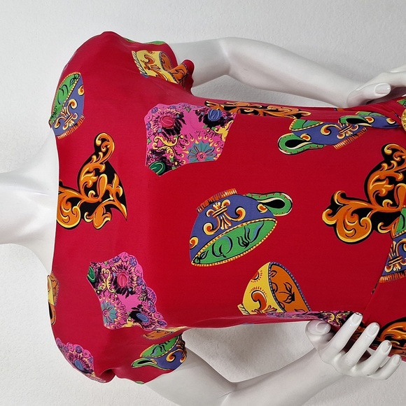 Richard Warren Vintage Red Tea Cup Retro Artsy Silk Knee Length Dress Size 6 - Picture 2 of 11